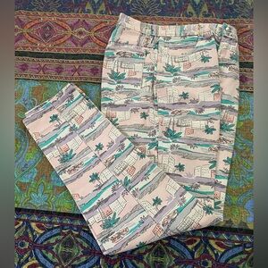 100 % cotton jeans w/ palm trees, convertibles & tall buildings in pastel shades